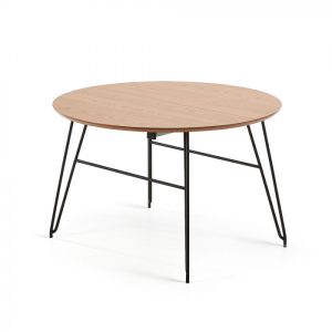 MESA EXTENSIBLE REDONDA NOVAC Ø120 (200) cm CHAPA DE ROBLE PATAS DE ACERO ACABADO NEGRO Kave Home